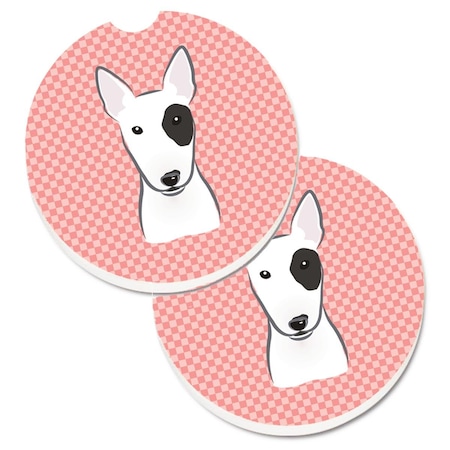 Carolines Treasures Checkerboard Pink Bull Terrier Set of 2 Cup Holder Car Coaster BB1209CARC
